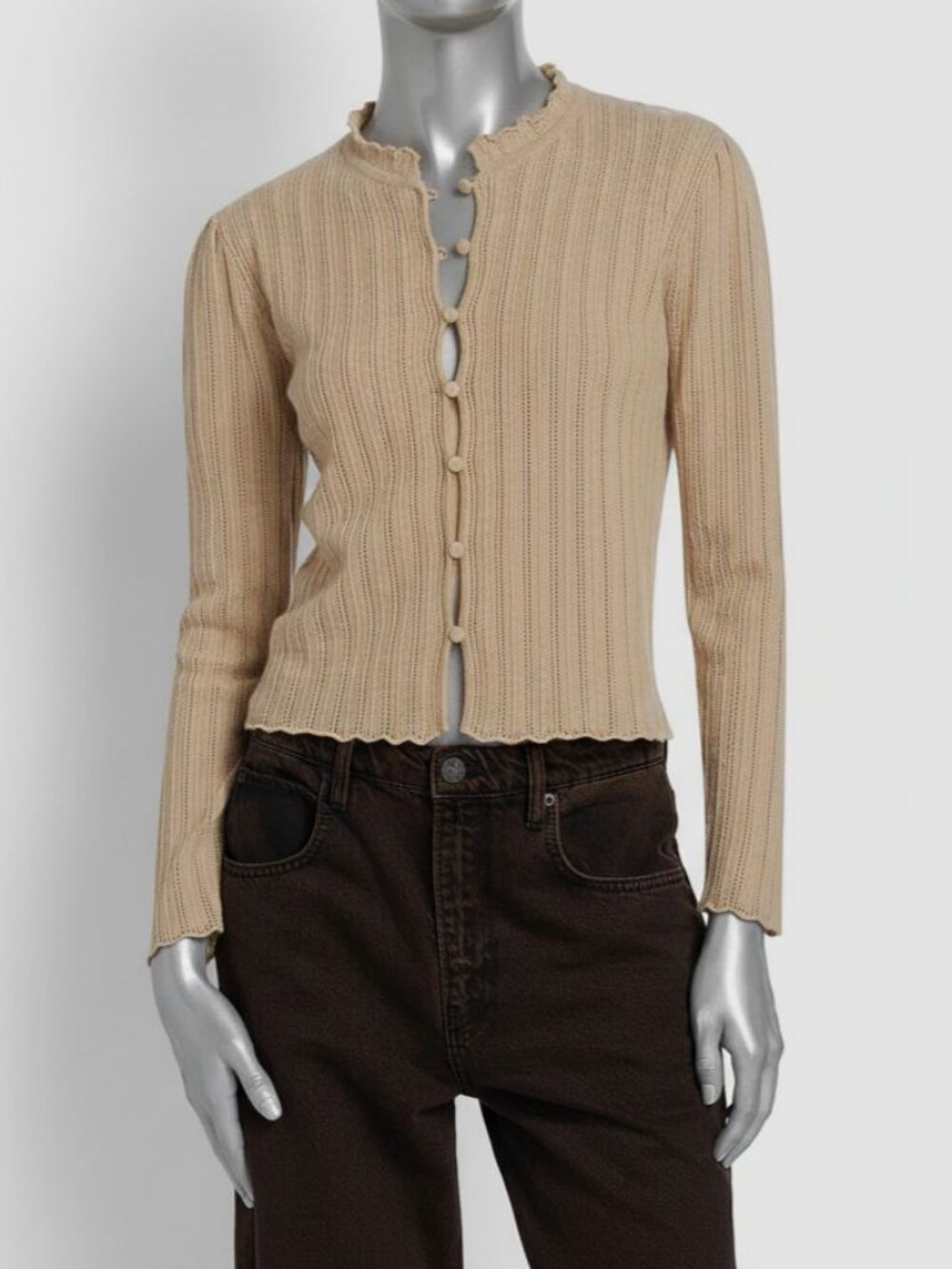 Frame Women's Beige Ruffle-Trim Cashmere Cardigan Sweater Top Size S